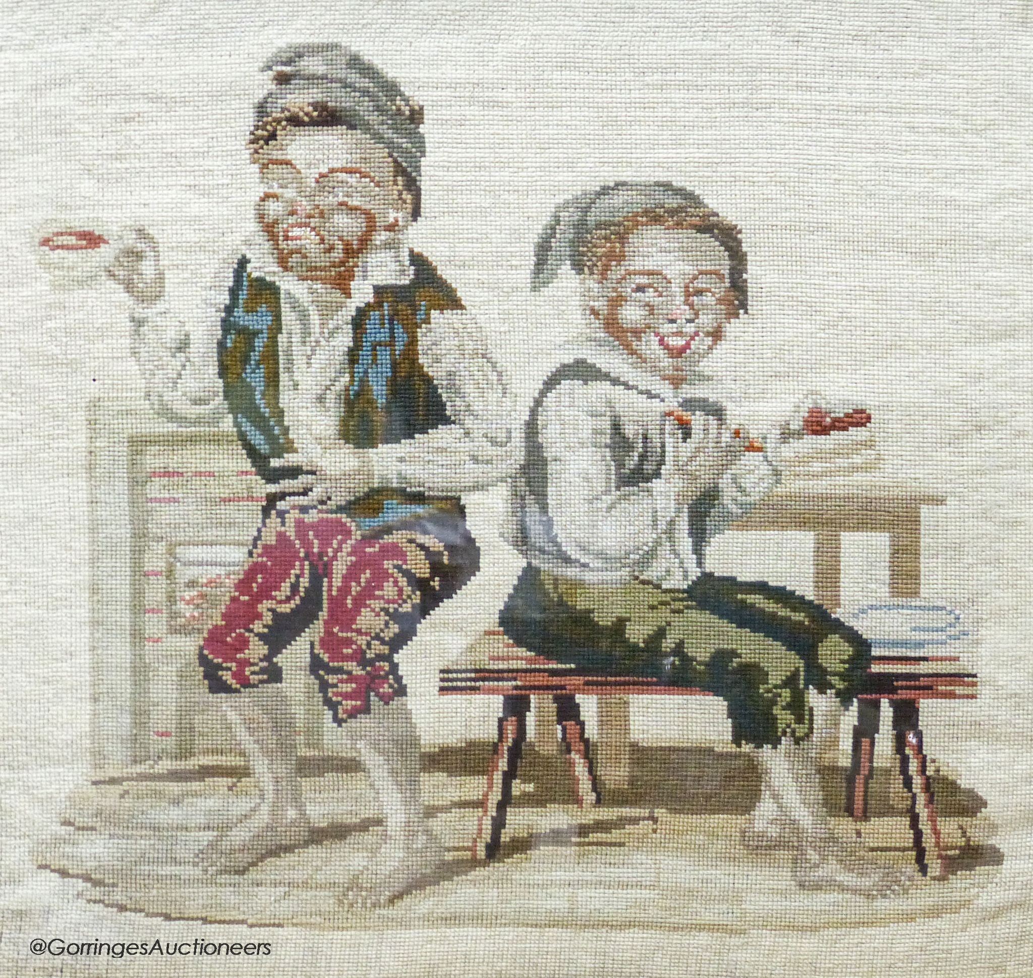 A Victoian petit-point needlework picture, two playful youths